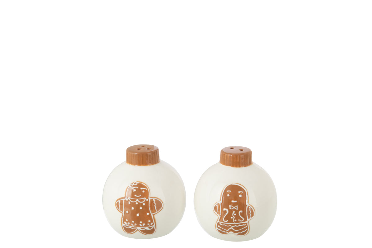 J-Line peper en zoutmolen set Kerstmis Bal Rond Dolomiet - keramiek - wit/caramel - 2 stuks