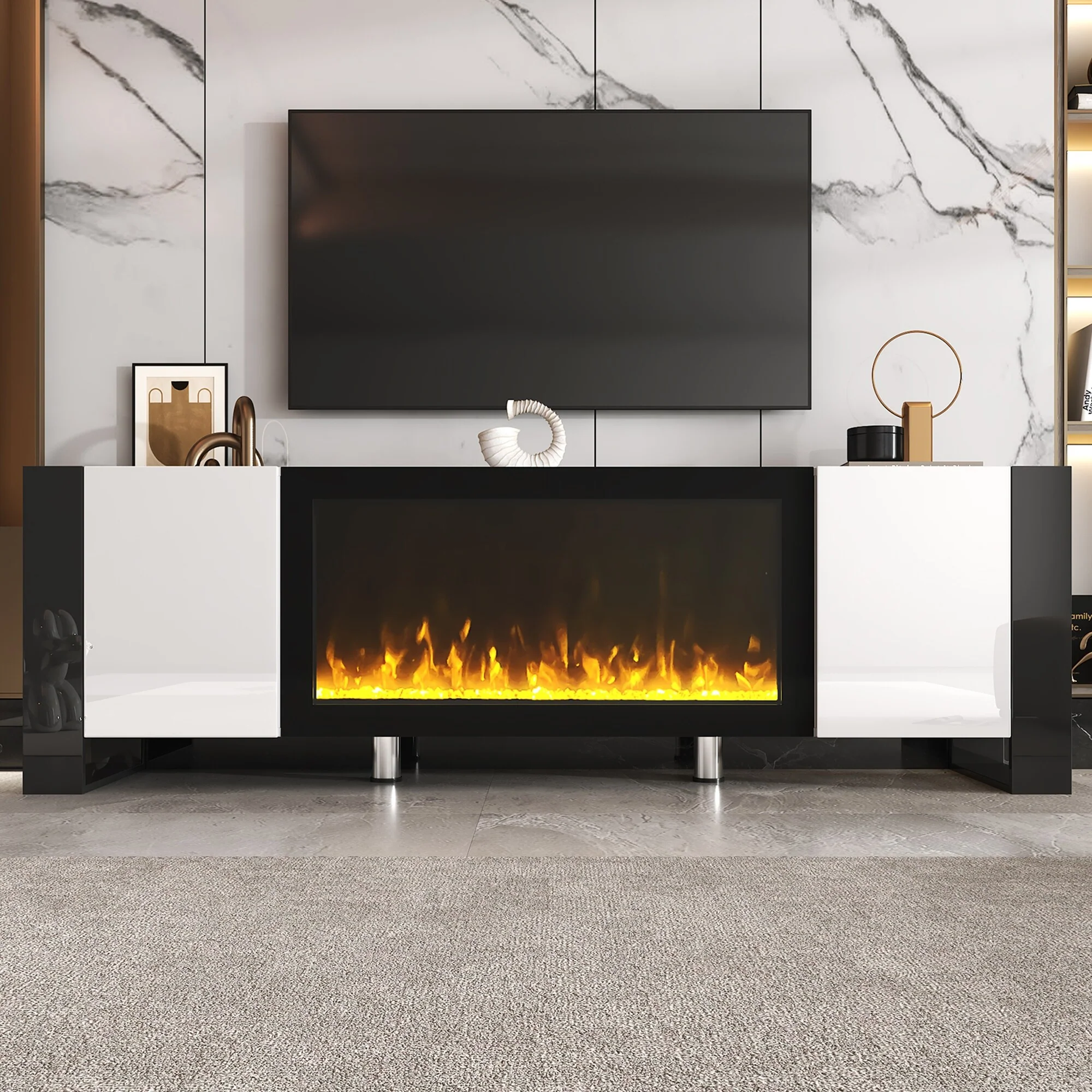 White 68.1 Fireplace TV Stand with Large Cabinets for TVs Up to 78