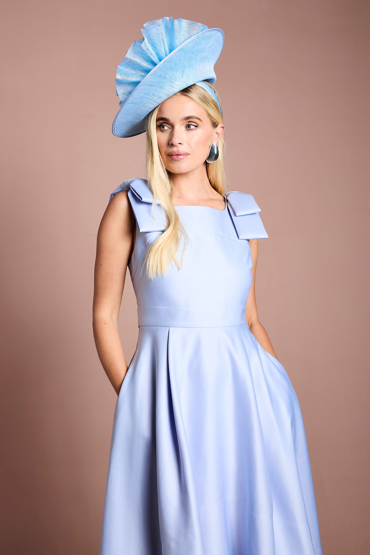 Coast Petite Lisa Tan Bow Shoulder Satin Midi Dress