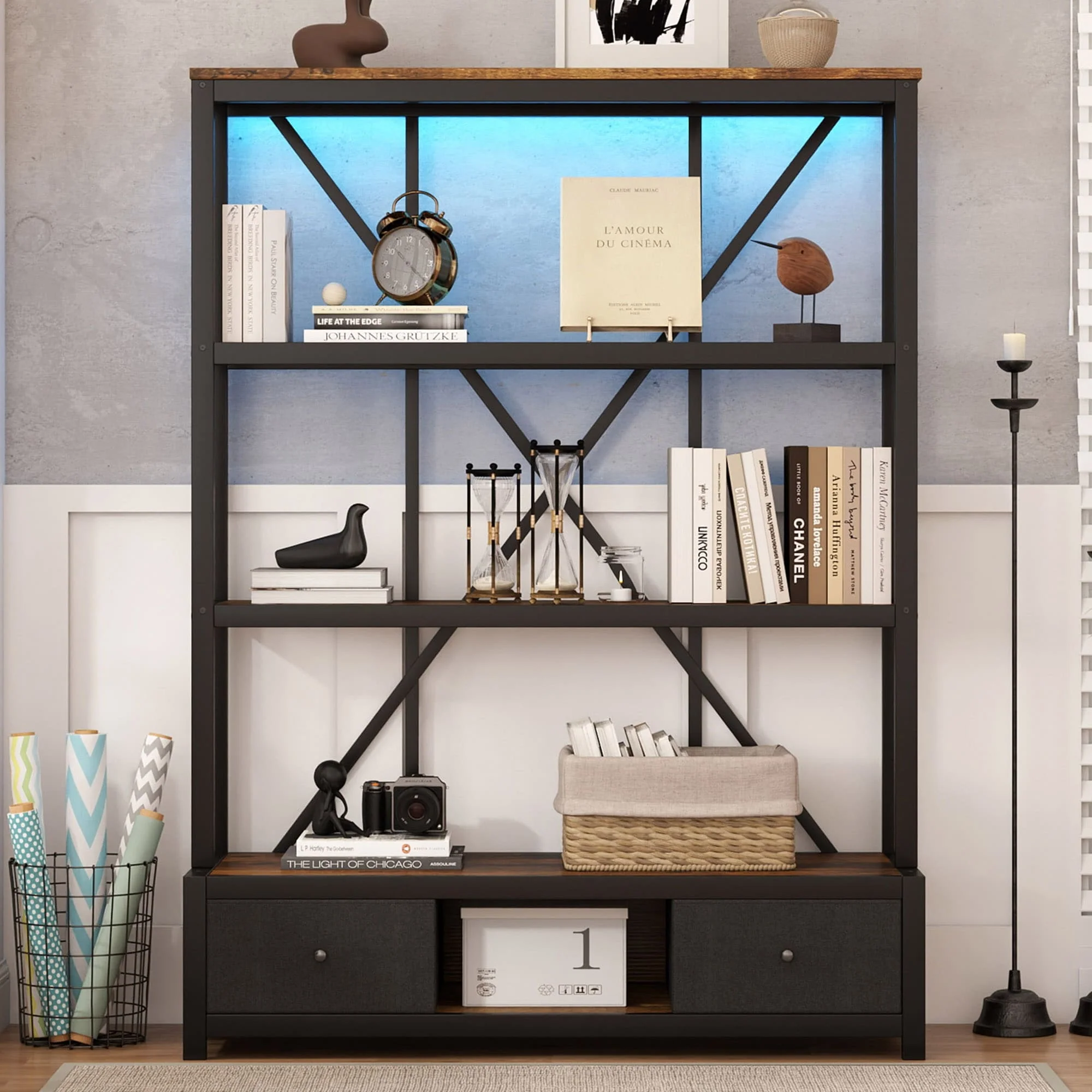 3-Shelf Metal Bookcase with 2 non-woven Drawers for Home Office, Open Bookcase, Bookcase with LED