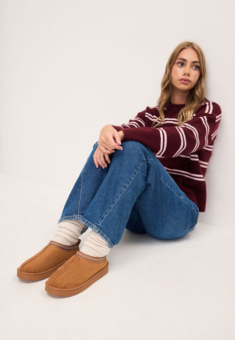 Womens Mid Brown Casual Cosy Mules