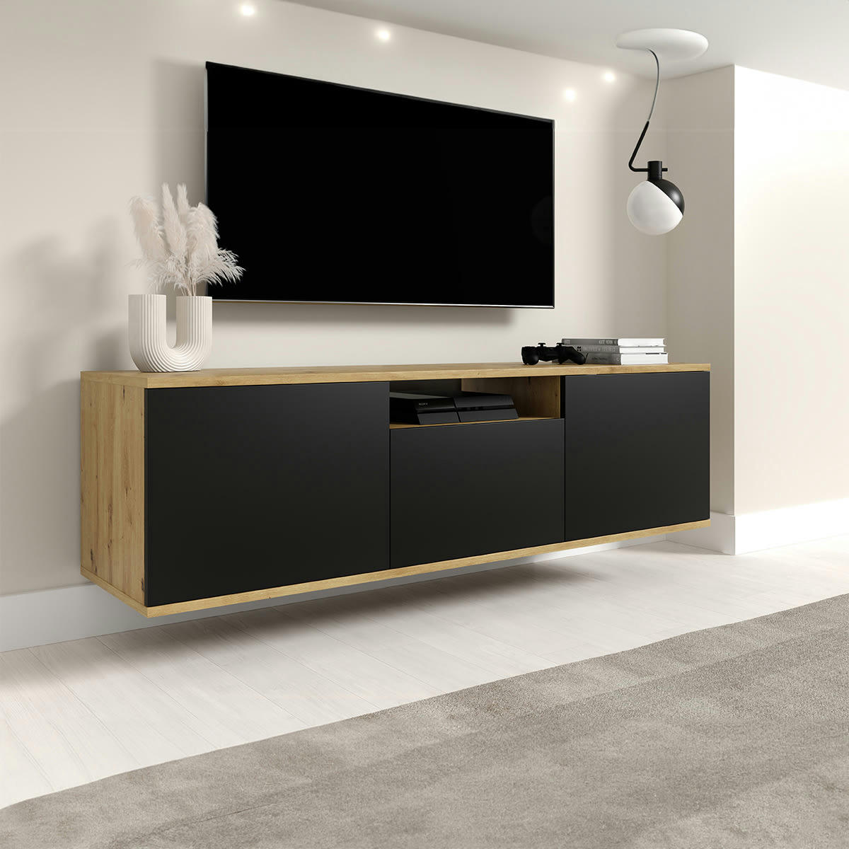 - Meuble TV mural 3 portes 150 cm stratifiés naturel et noir