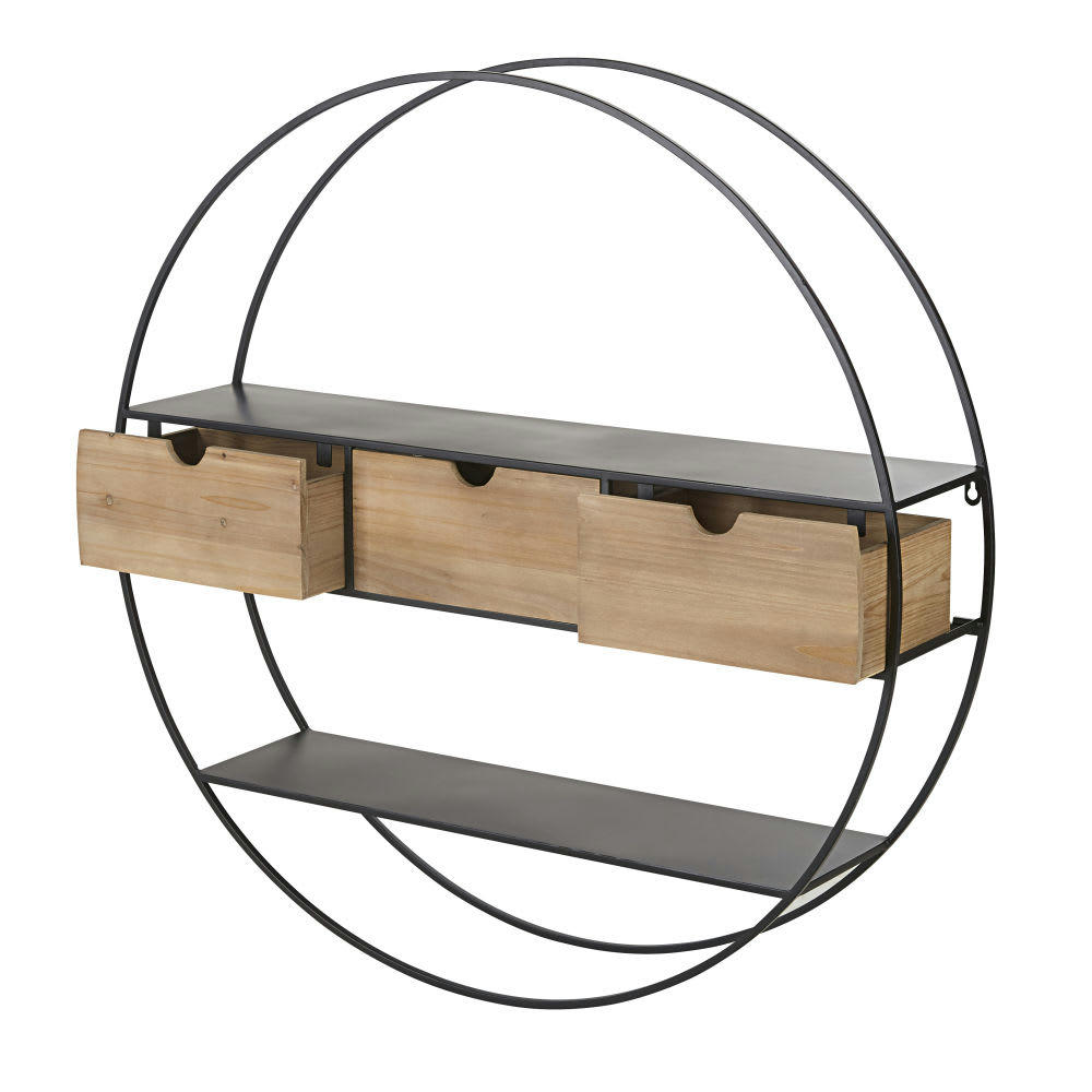GLASGOW - Etagère murale ronde en bois de sapin et métal noir