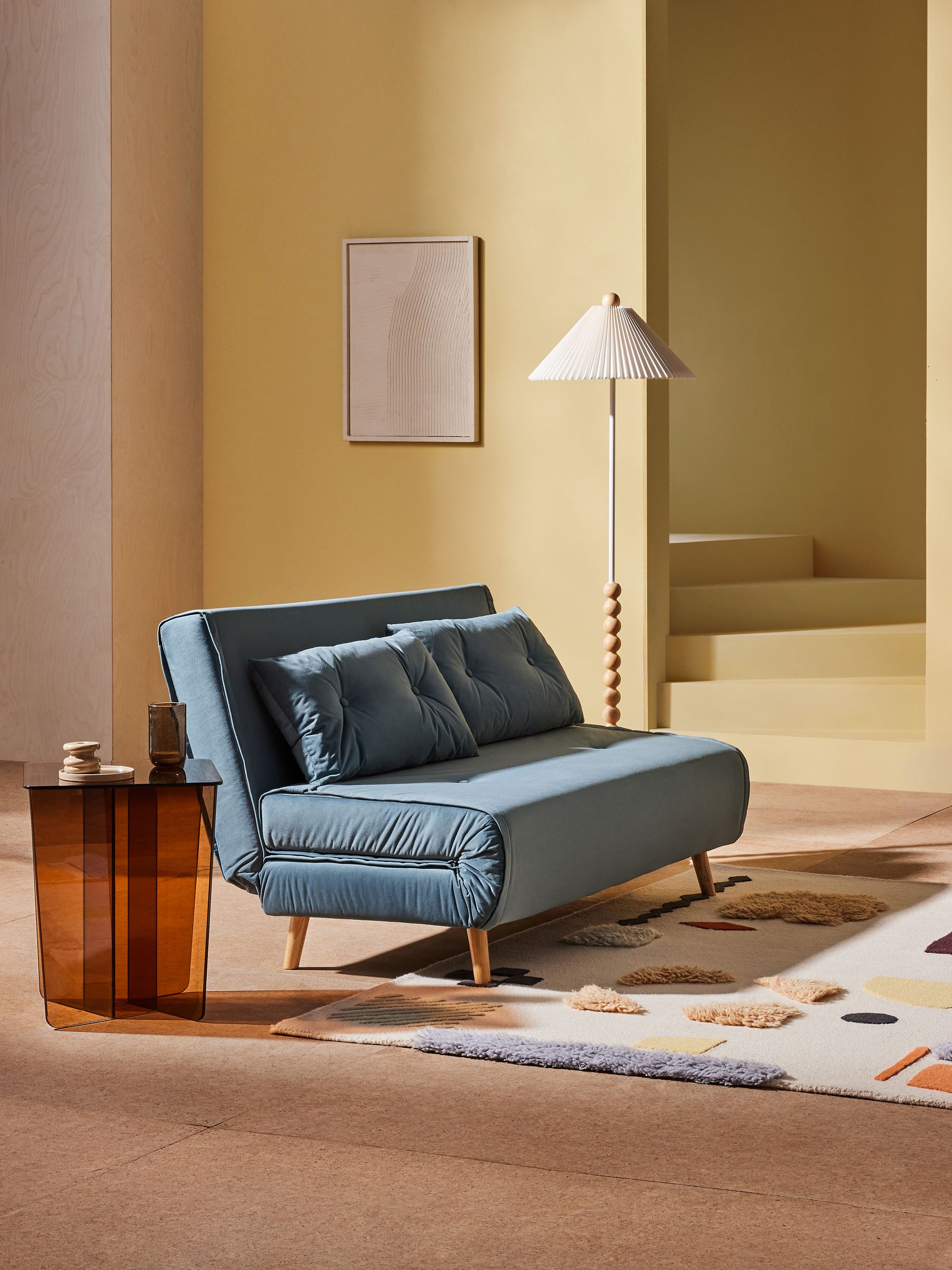 Large Haru 2 Seater Sofa Bed in Smooth Velvet Sherbert Blue