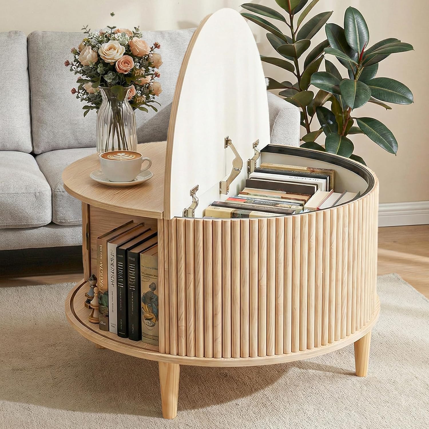 DUMOS Coffee Table, Round Coffee Tables with Storage, Fluted Center Table for Living Room, 31.69 Mid Century Modern Table with Sliding Cabinet Door, 2-Tier Rustic Wood Desktop, Wood