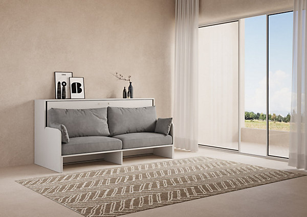 Lit simple escamotable Kando avec matelas en frêne blanc, gris