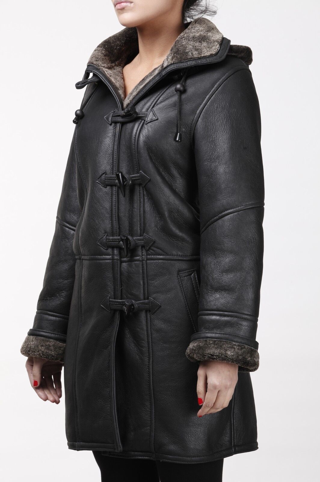 Infinity Leather Shearling Hooded Duffle Coat-Lille