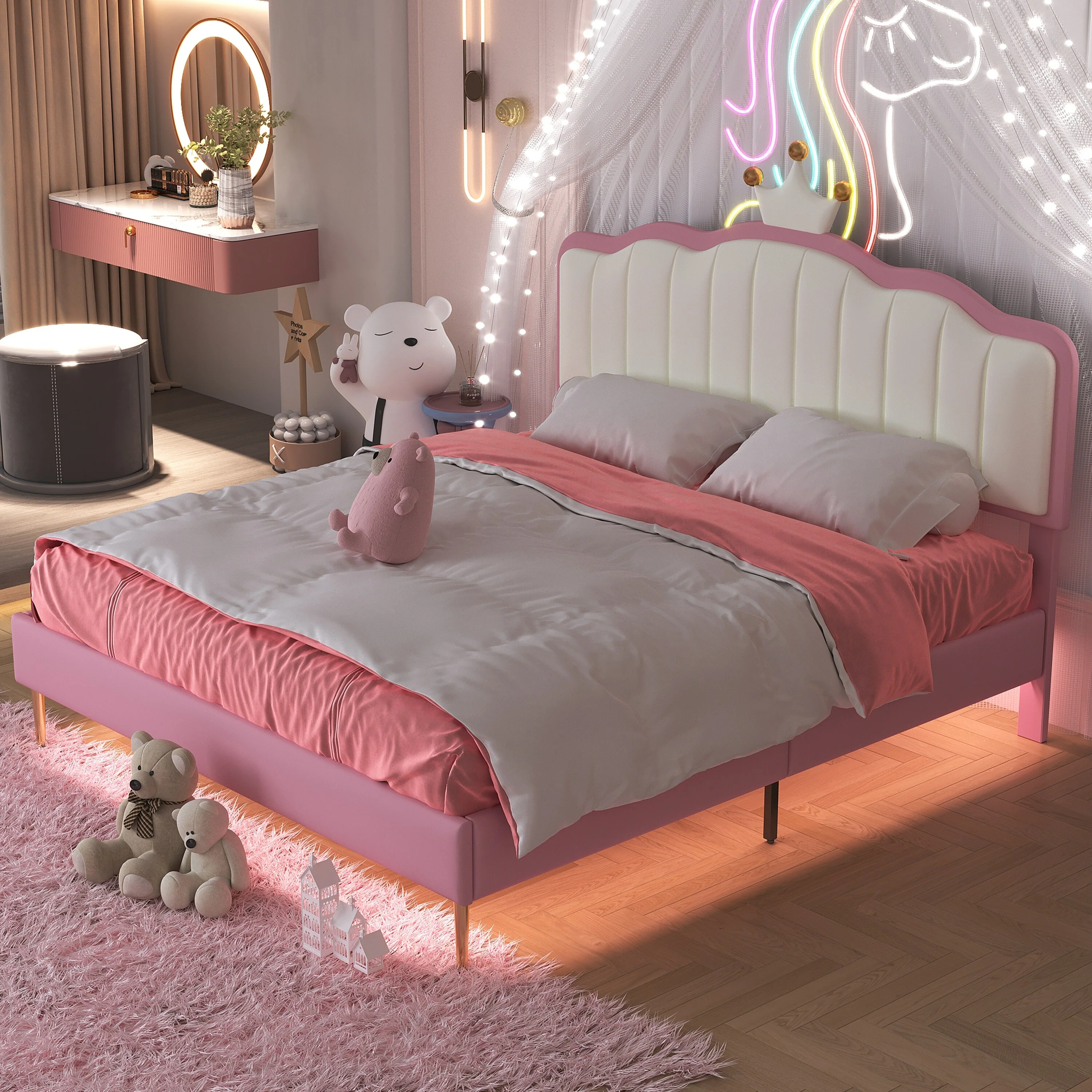 Full Size Upholstered Princess Platform Bed with Crown-Shaped Headboard, Soft Night Light Strips, and Gold Metal Legs