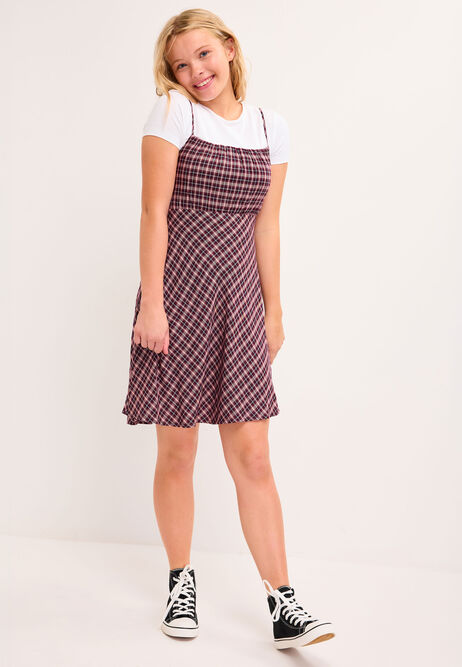 Older Girls Burgundy Check Dress & T-Shirt Set