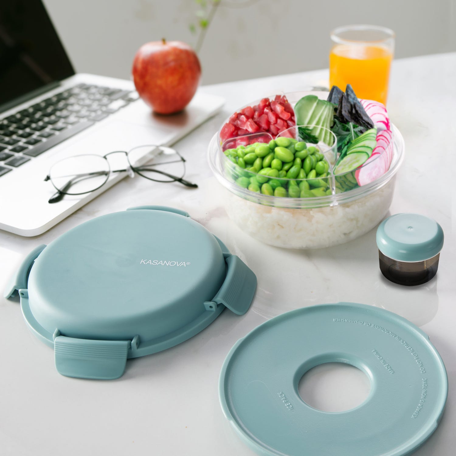 Lunch box per poke tonda a scomparti azzurro