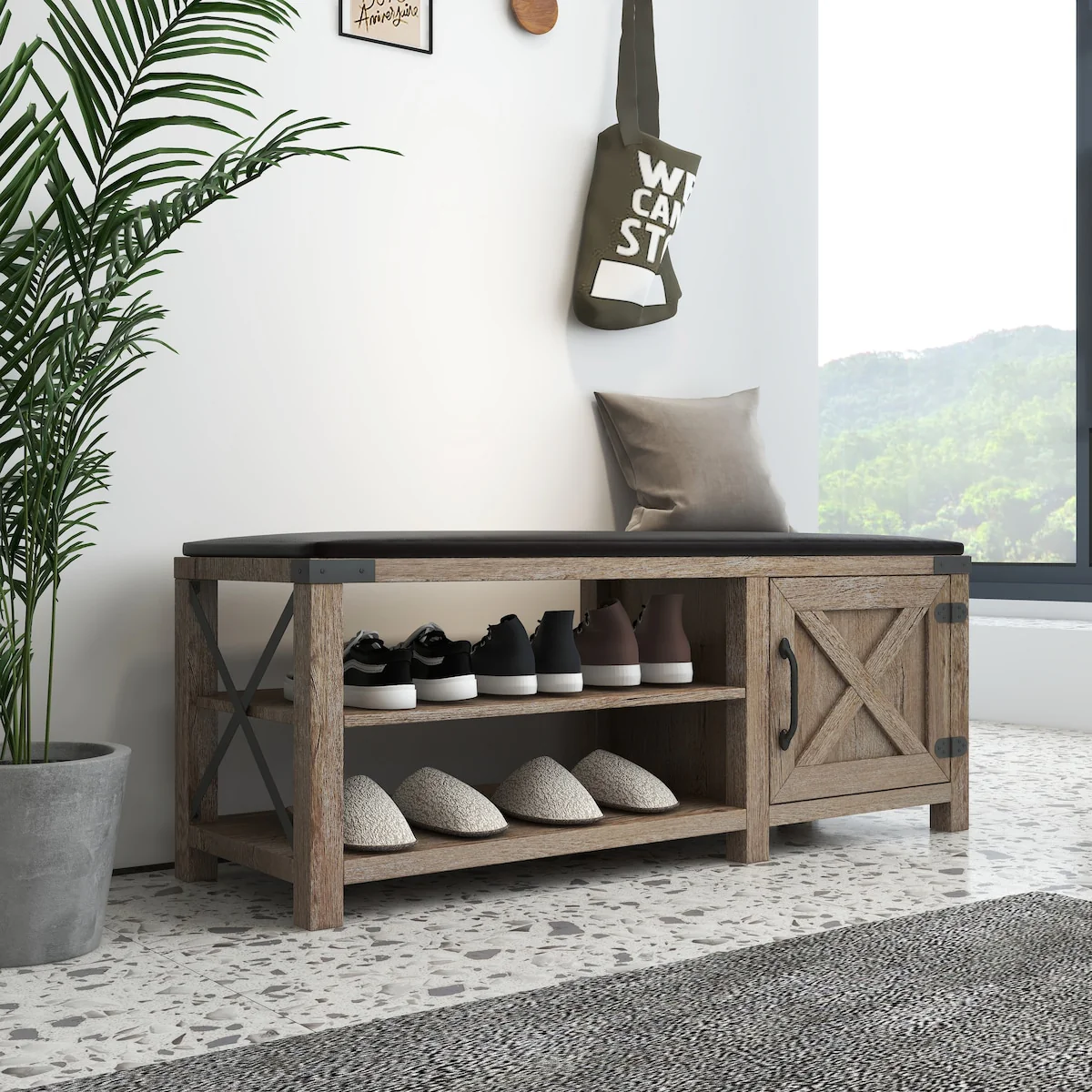 Modern Farmhouse Shoes Bench With Seat Cushion, Tobacco Wood