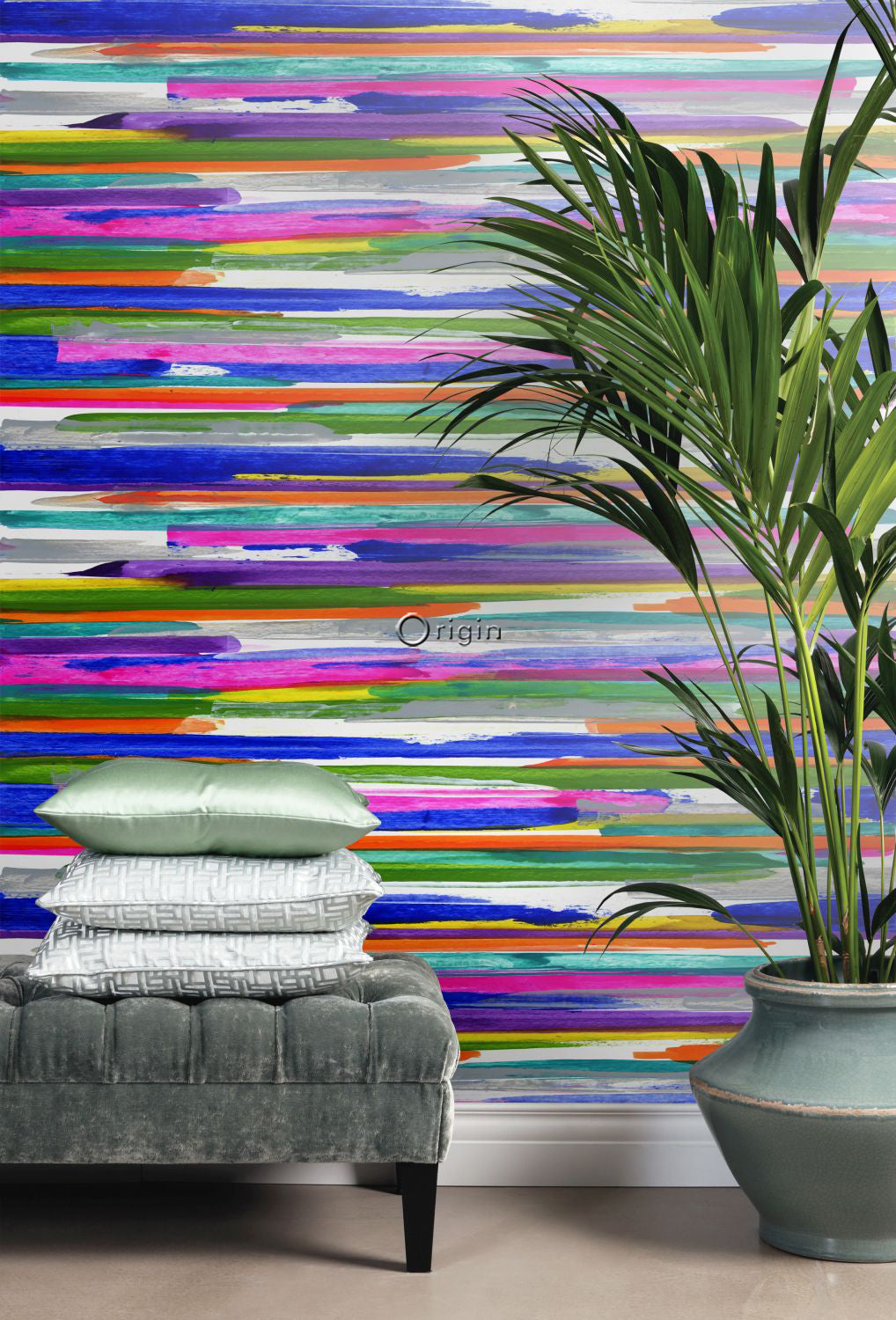 Origin fotobehang geschilderde strepen paars, roze, blauw, geel en groen - 200 x 279 cm - 357204