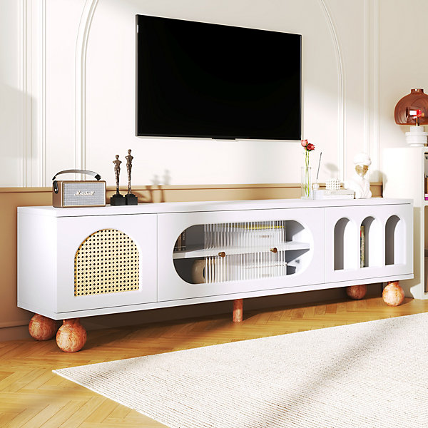 Meuble TV avec Porte en Rotin et Porte Coulissante en Verre - Panneau de Particules - 170 x 47 x 37 cm - Blanc et Bois