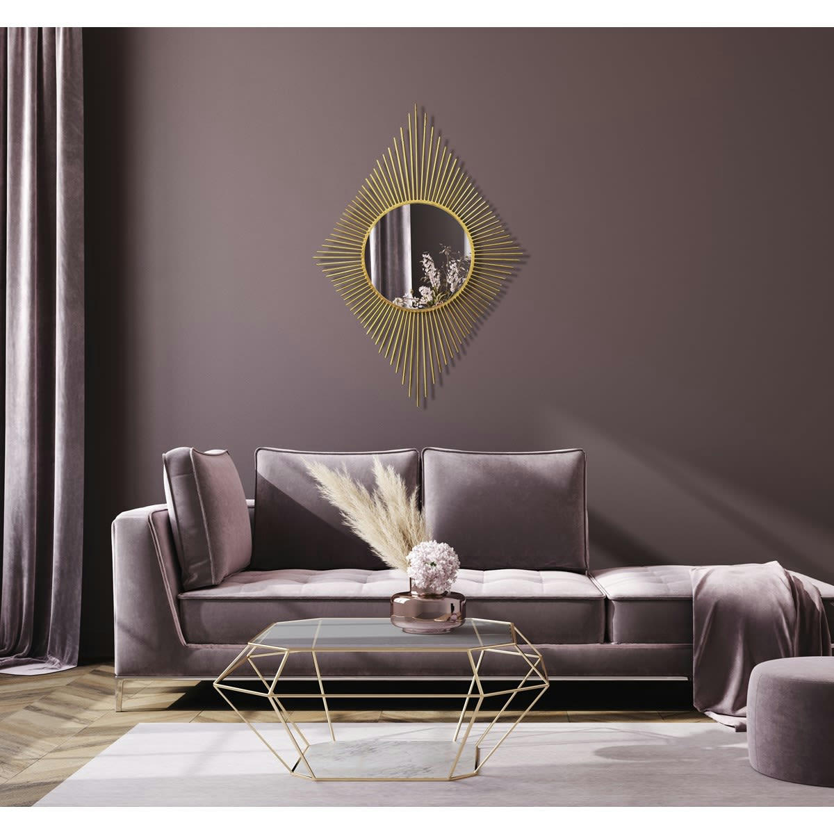 LOSANGE - Miroir soleil losange en métal or 82x65