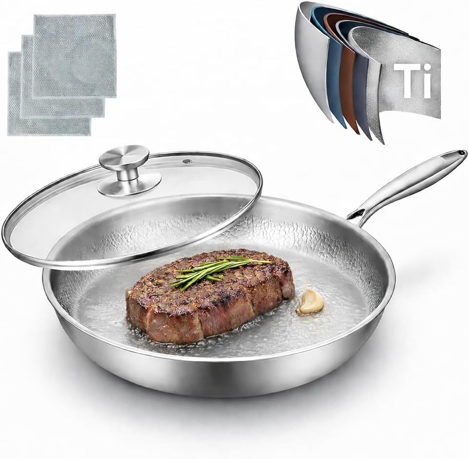 Pure Titanium Hammered Frying Pan with Lid, 10.2 Inch Skillet, No Coating Safe Cookware, Even Heat & Scratch Resistant for Steak, Eggs & Healthy Cooking