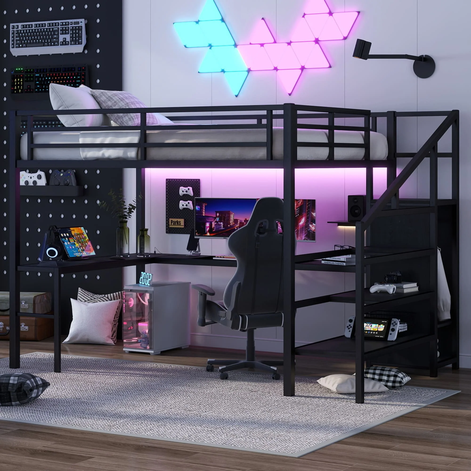 Queen Size Loft Bed with L-shaped Desk and USB, Metal Loft Bed with Wardrobe and Adjustable Shelf, High Loft Bed with LED
