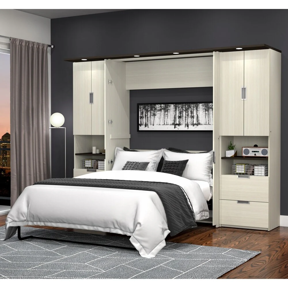 Bestar Lumina 3-Piece Full Wall Bed with Desk and 2 Storage Units in White Chocolate & Dark Chocolate