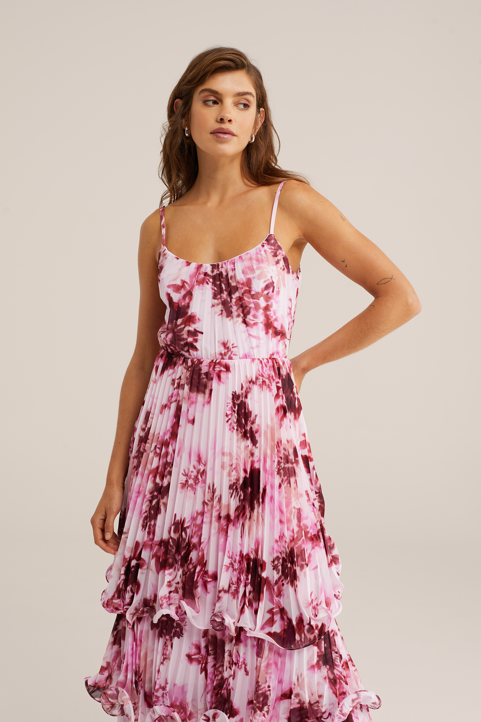 Dames maxi pliss&eacute;jurk met print