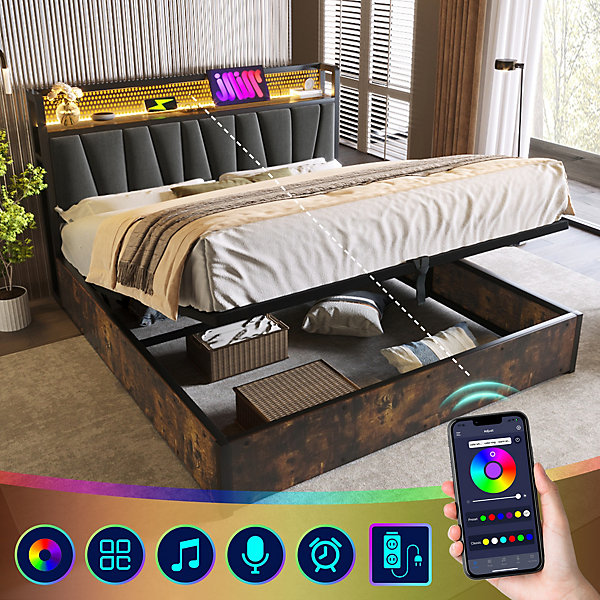 Lit coffre 160 x 200 cm - Lit adulte avec Tête de Lit LED   USB - Lin   Métal - Sans Matelas - Gris