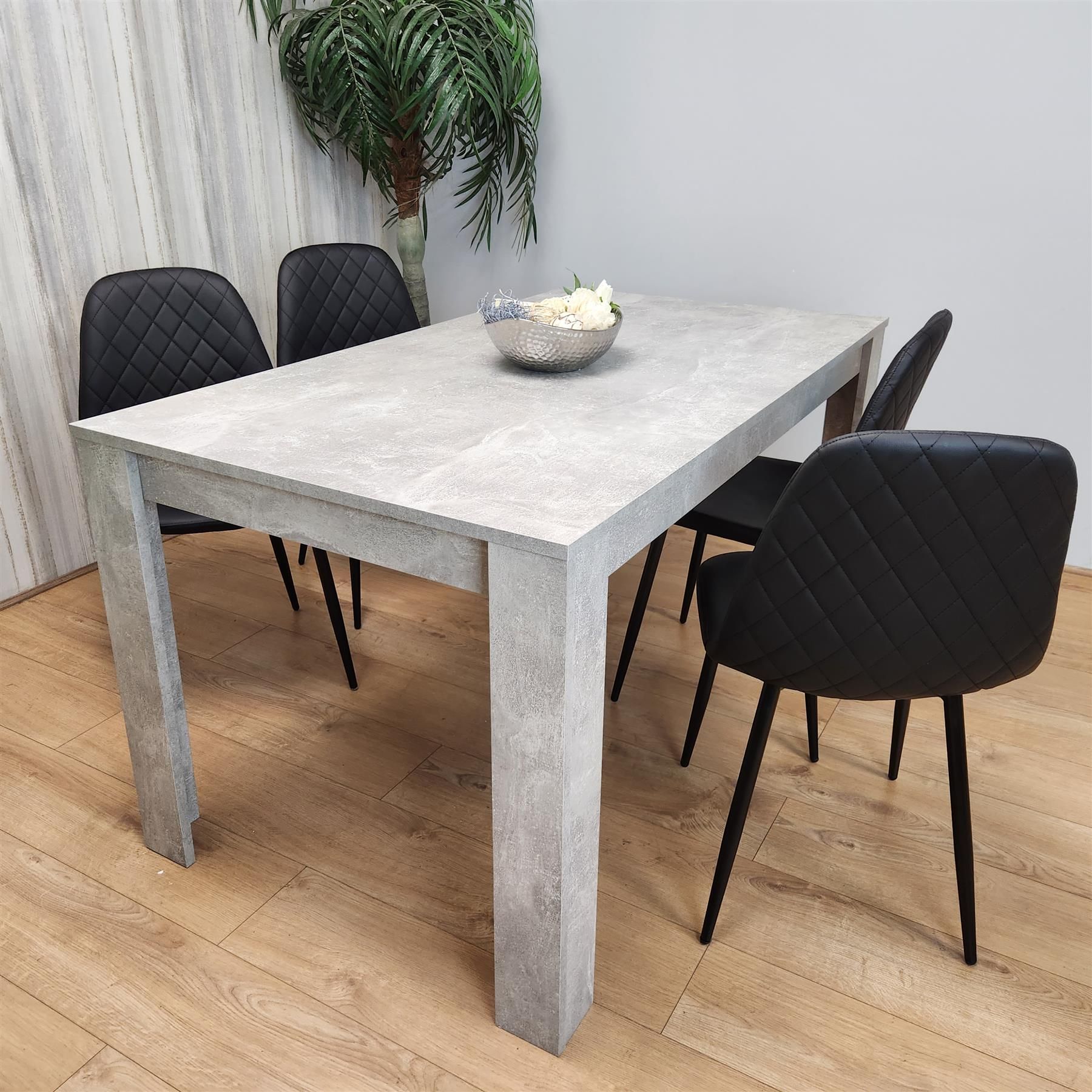 KOSY KOALA Stone Grey Effect Wood Dining Table Set with 4 Black Gem Pattern Chairs Dining Room Furniture