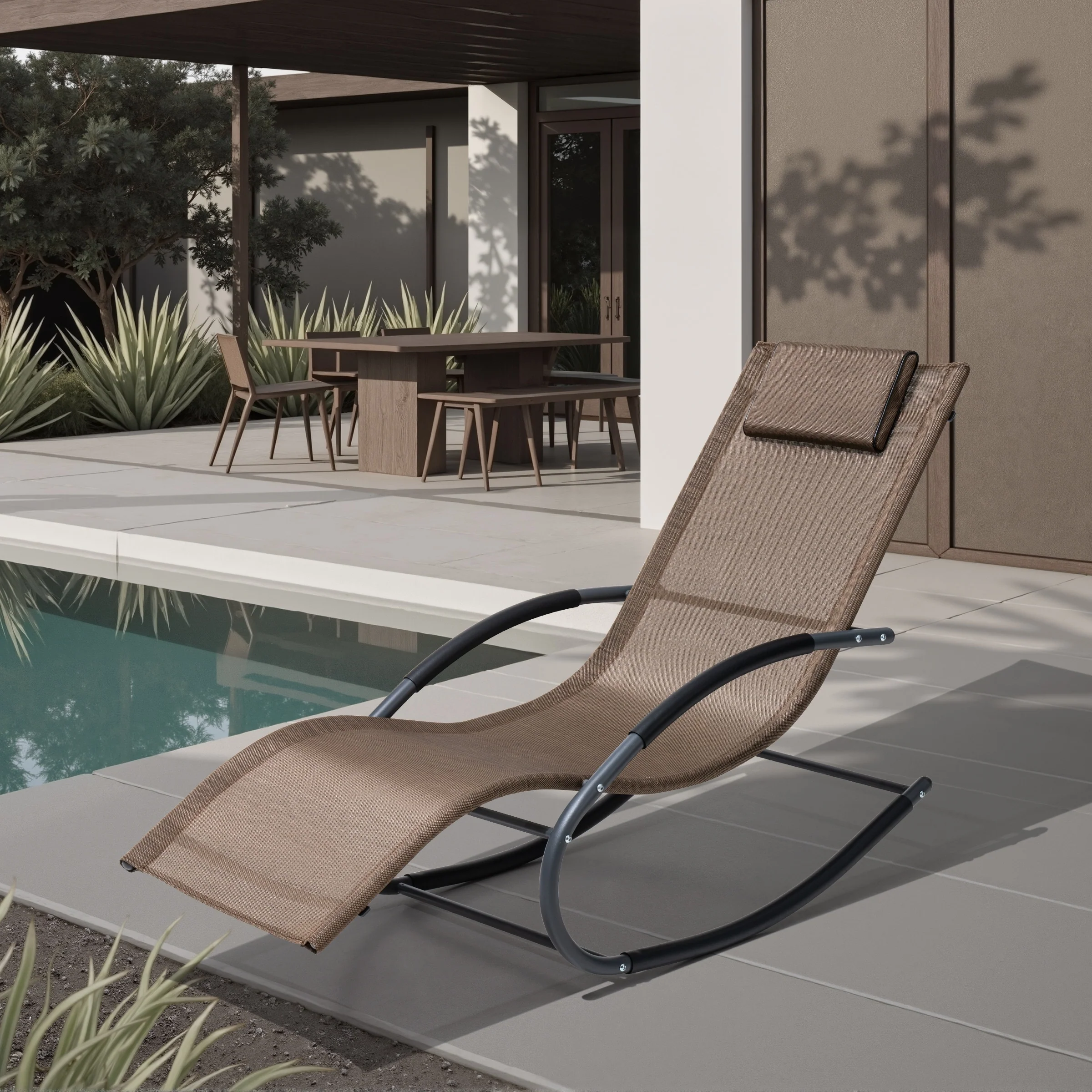 Outdoor Patio Rocking Chair Curved Rocker Chaise Lounge Chair with Pillow