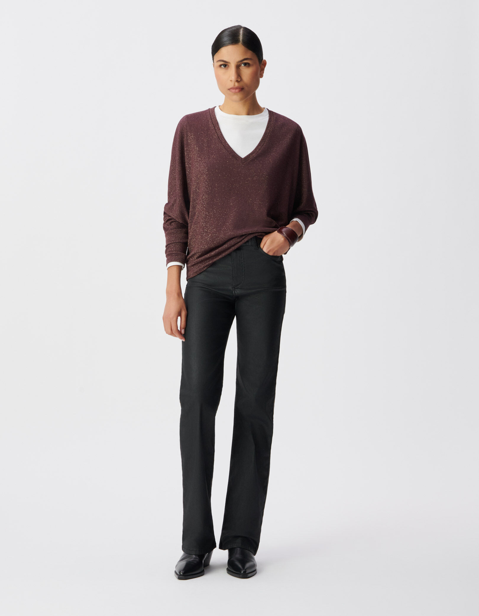 Tee-shirt bordeaux lurex manches chauve-souris Femme
