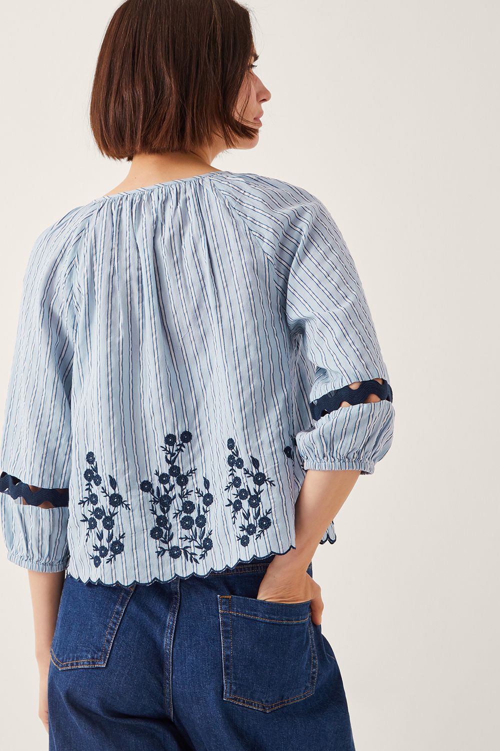 Monsoon Cara Embroidered Stripe Blouse Blue