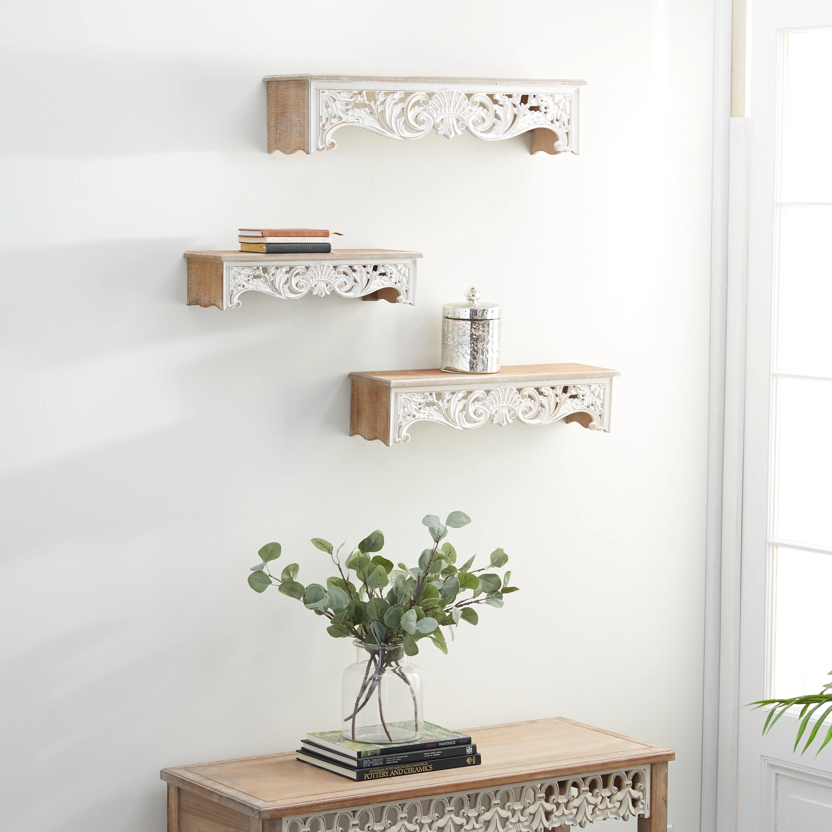 Wooden Scroll Carved 3 Shelves Wall Shelf - Set of 3 Cream - Roche River Decor - 7W x 28L x 6H