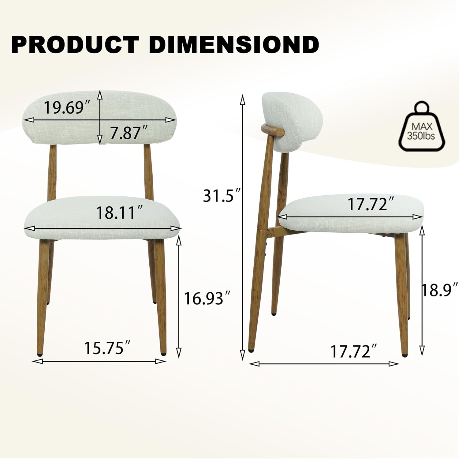 FREKEN Modern Upholstered Dining Chairs Set of 8, Mid-Century Metal Frame with Wood Grain, Linen Fabric Side Chair for Kitchen Dining Room, 350lbs Capacity, Beige