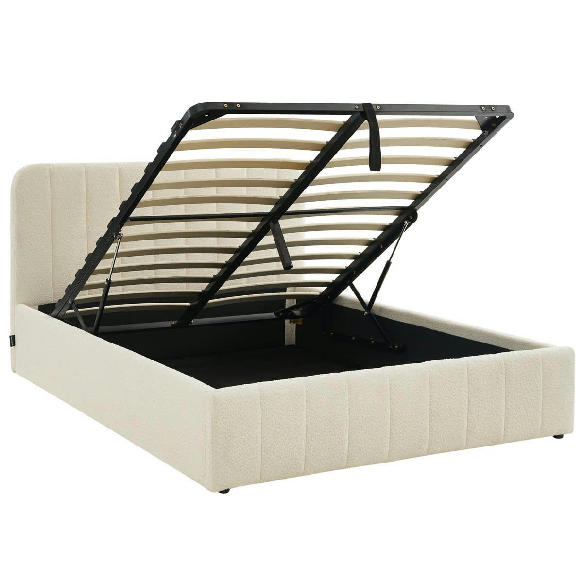 AVA - Lit coffre 140x190 en tissu bouclé écru + tête de lit + sommier
