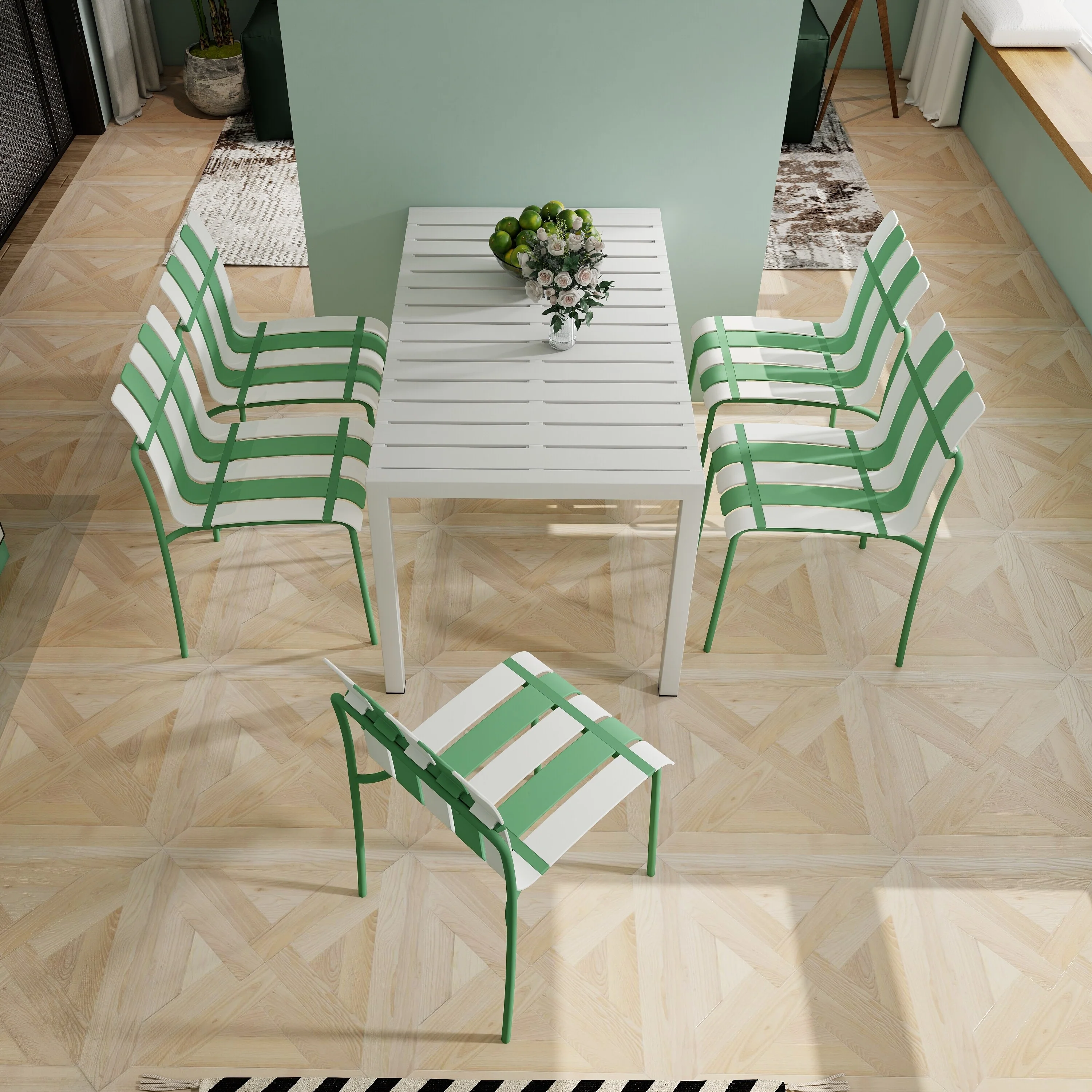 4-Pack Modern Striped Color Block Chairs - Waterproof PP Seat & Sturdy Metal Legs, Indoor/Outdoor Dining Set for Patio, Balcony