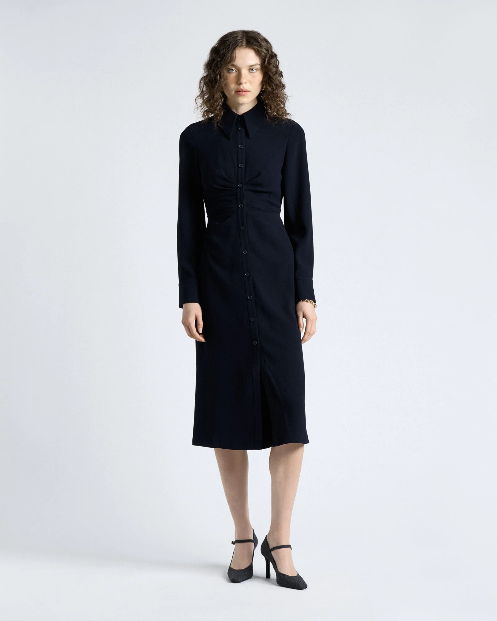 Dark Ink Crepe Ruched Shirt Dress