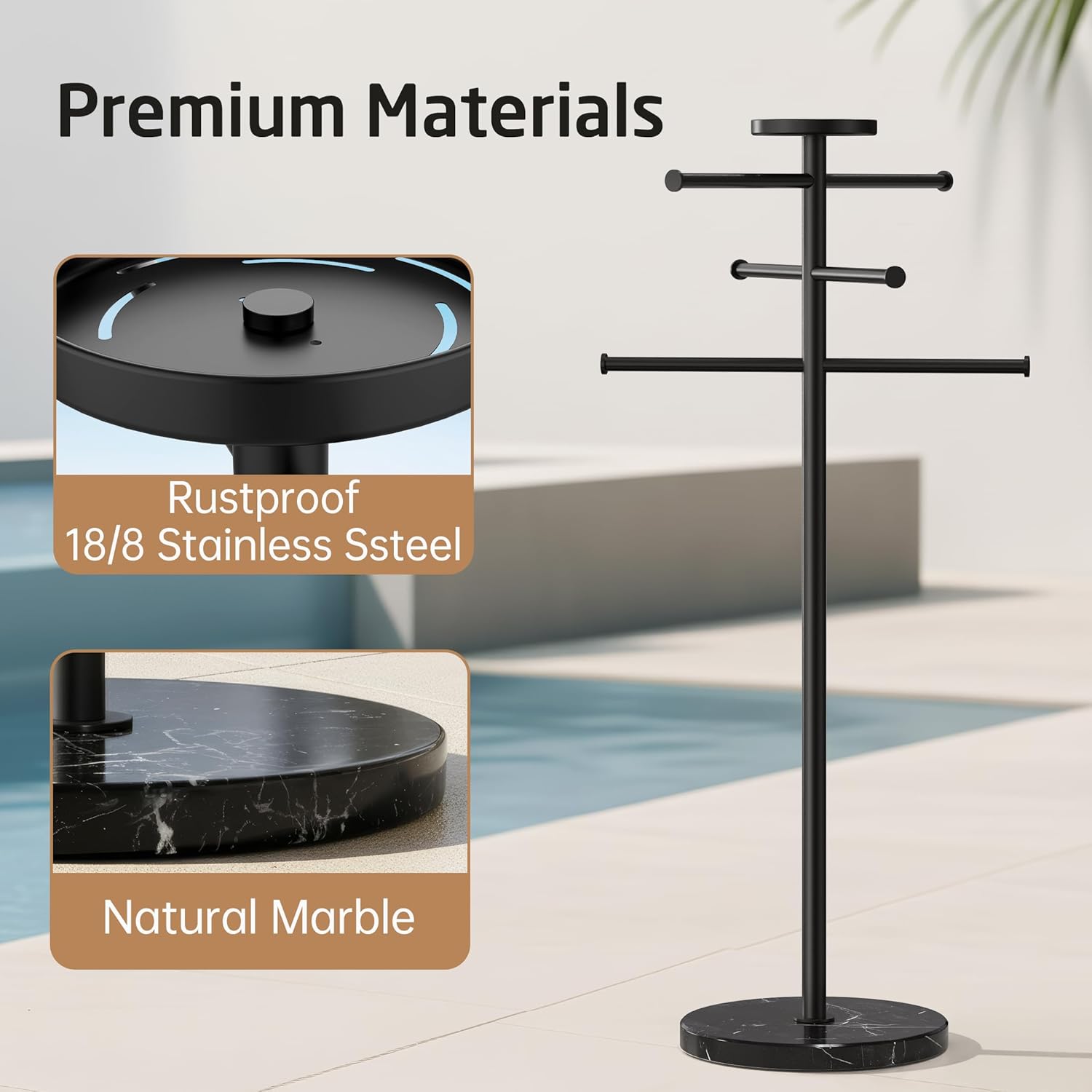 Natural Marble 59 Inch Outdoor Towel Rack with Weighted Base, KES Pool Towel Rack Outdoor for Hot Tub 18/8 Stainless Steel, Adjustable 3 Arms with Storage Tray, Matte Black OTR200-BBK