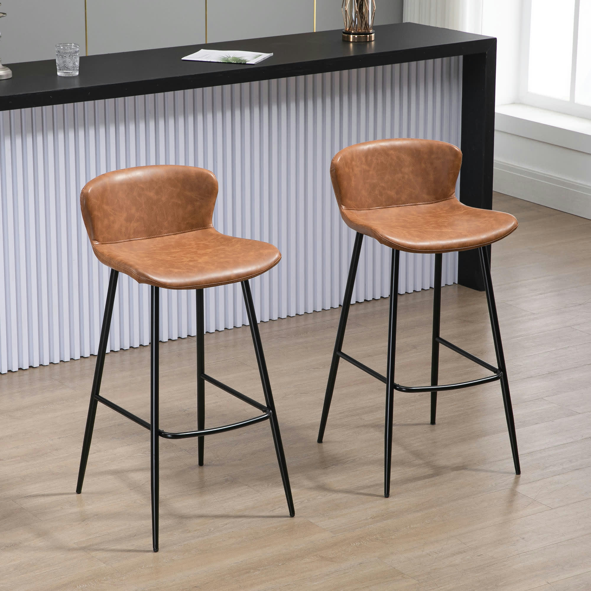 - Lot de 2 tabourets de bar design vintage - repose-pied - noir marron