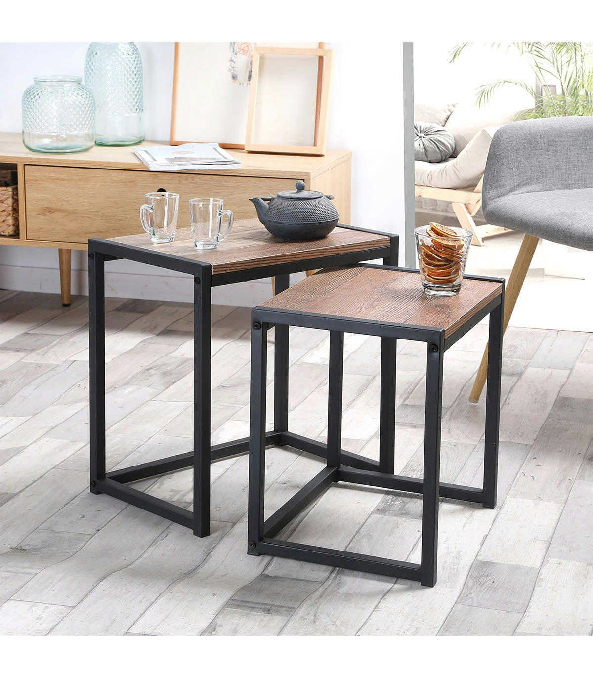 RIVERSIDE - Set de 2 tables Gigognes décor chêne et métal noir