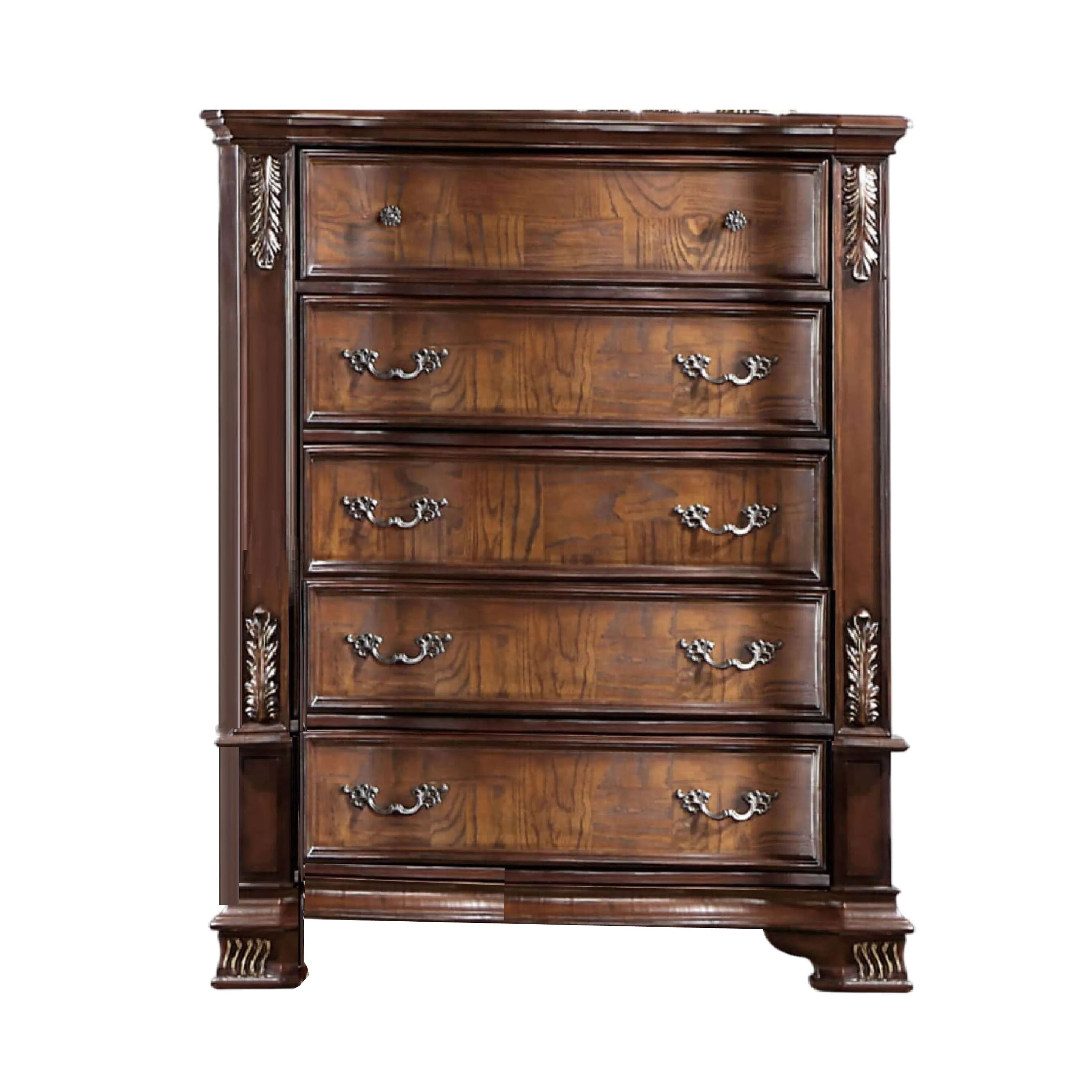 Prio Tall Dresser Chest, 5 Drawers, Classic Wood Carved, Cherry Brown