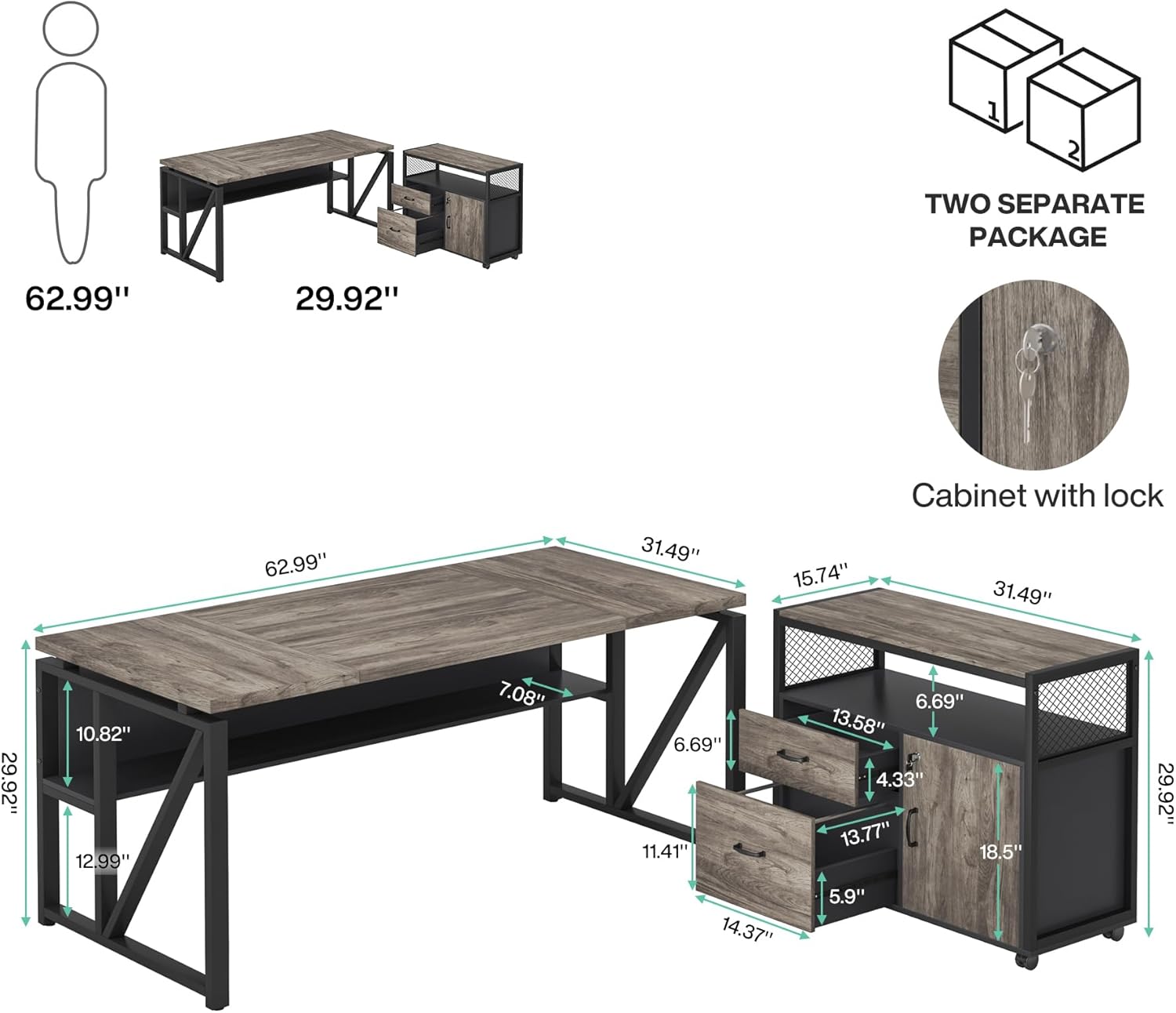 Tribesigns L Shaped Desk with Drawer Cabinet, 63 Executive Computer Desk and lateral File Cabinet, 2 Piece Home Office Furniture with Drawers for Hanging File, Doors with Locks (Gray, 63 inches)