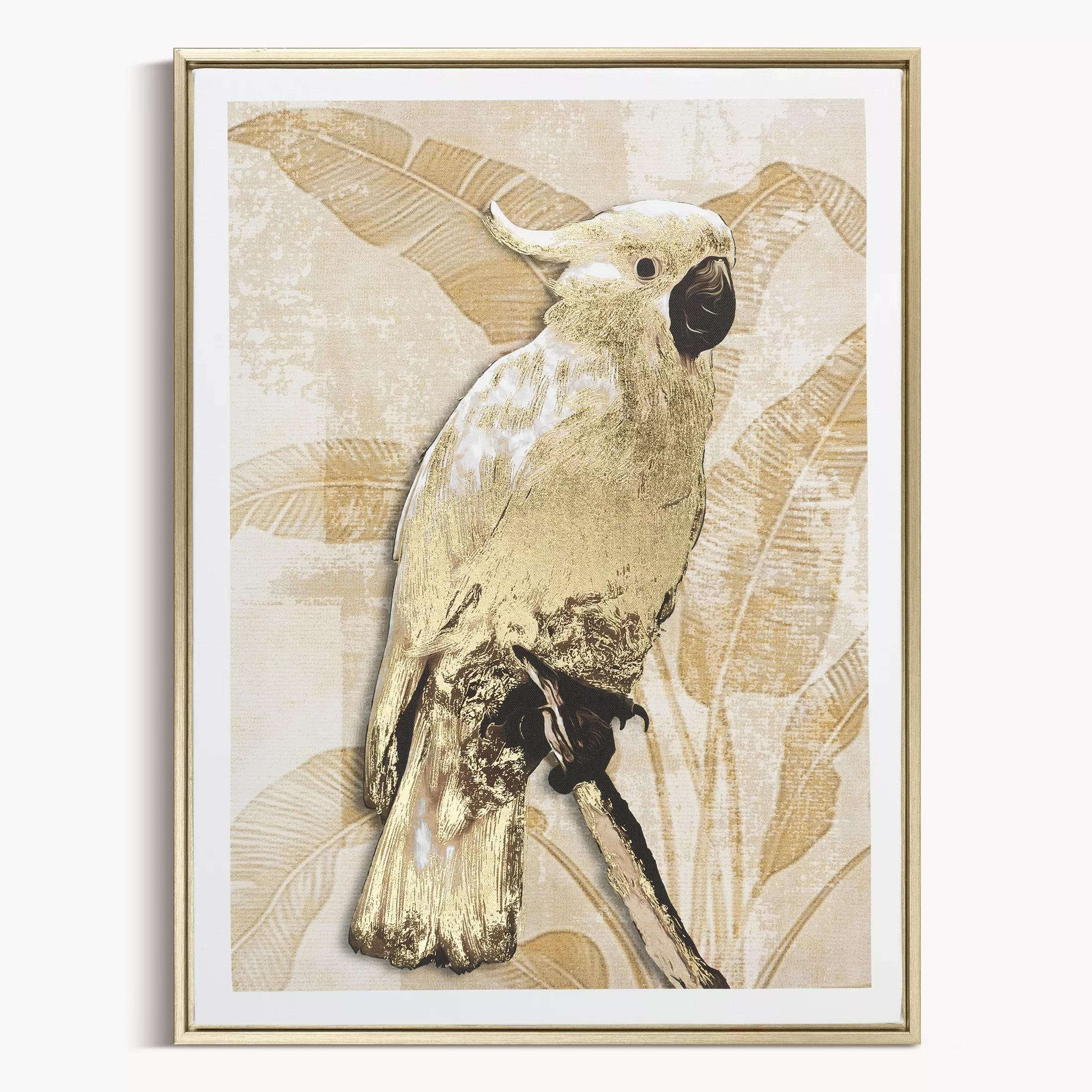 Obraz beżowo, złoty nadruk na płótnie papuga z błyszczącymi akcentami 45x60 cm