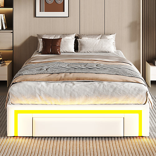 Lit simple 90x200cm - 2 tiroirs - sans tête de lit - LED - blanc (matelas non inclus)