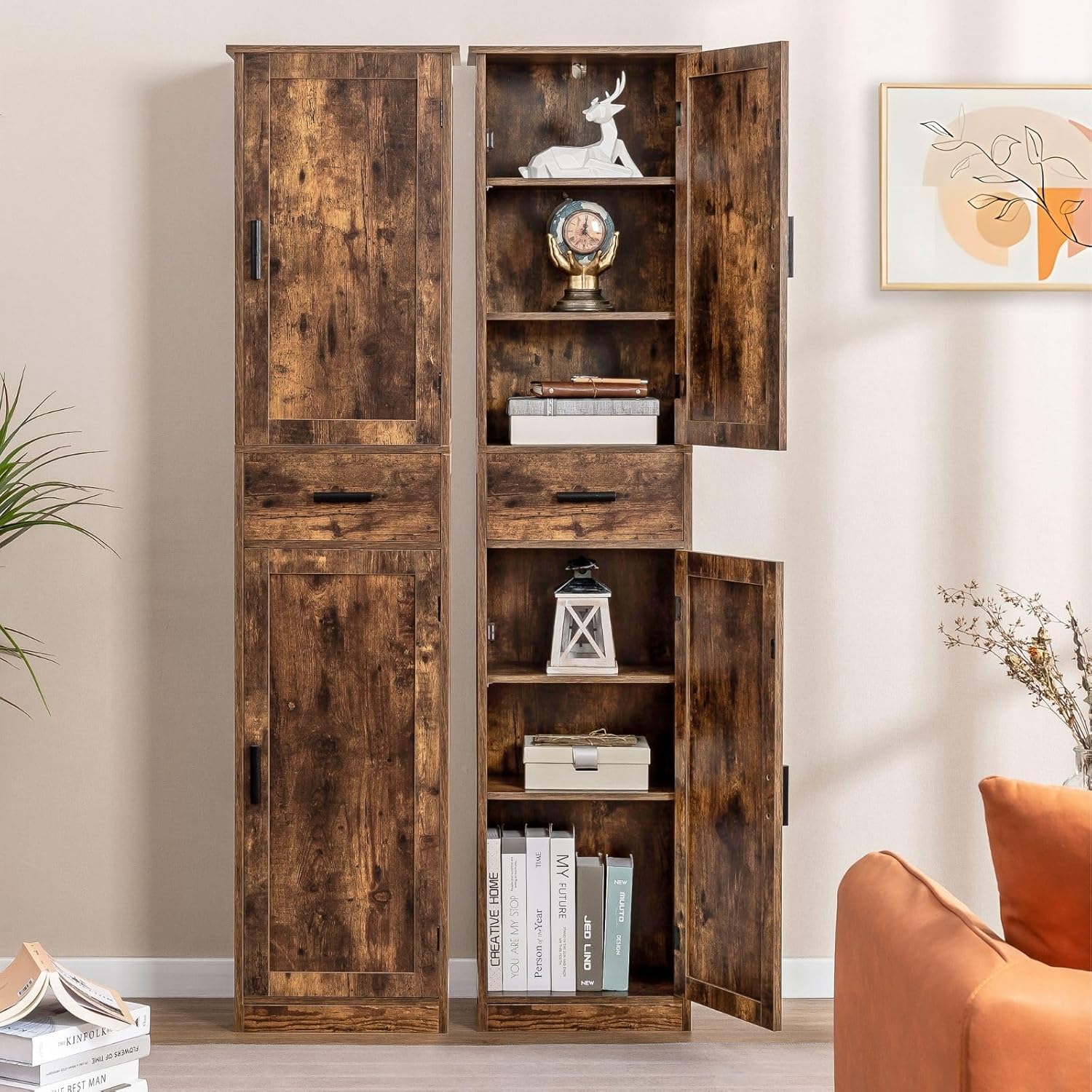 usikey 67'' Tall Storage Cabinet with Adjustable Shelves & 2 Doors, Bathroom Cabinet with 1 Drawer, Narrow Tall Cabinets for Living Room, Home Office, Rustic Brown UNSNG040F