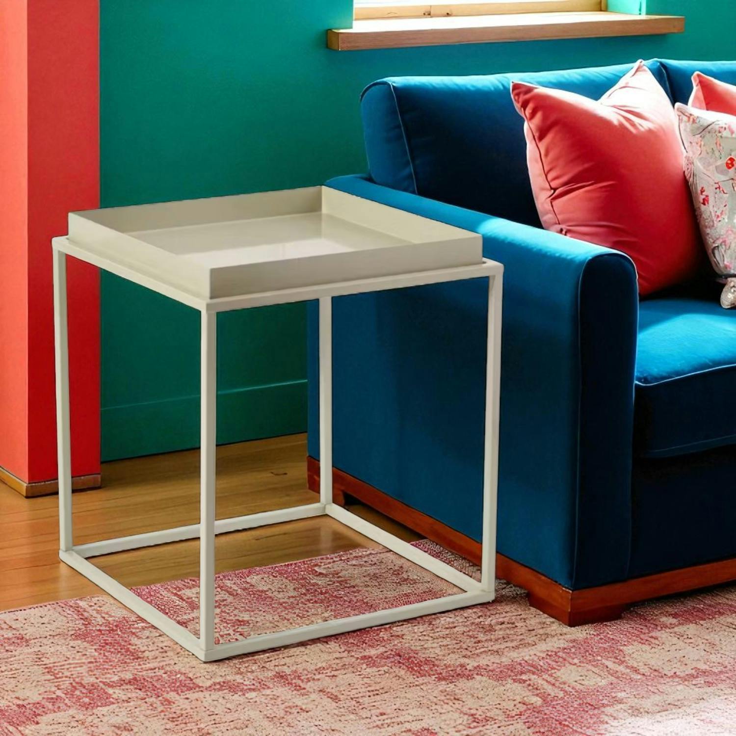 Bout de canapé cube blanc cassé – plateau mobile SFAX