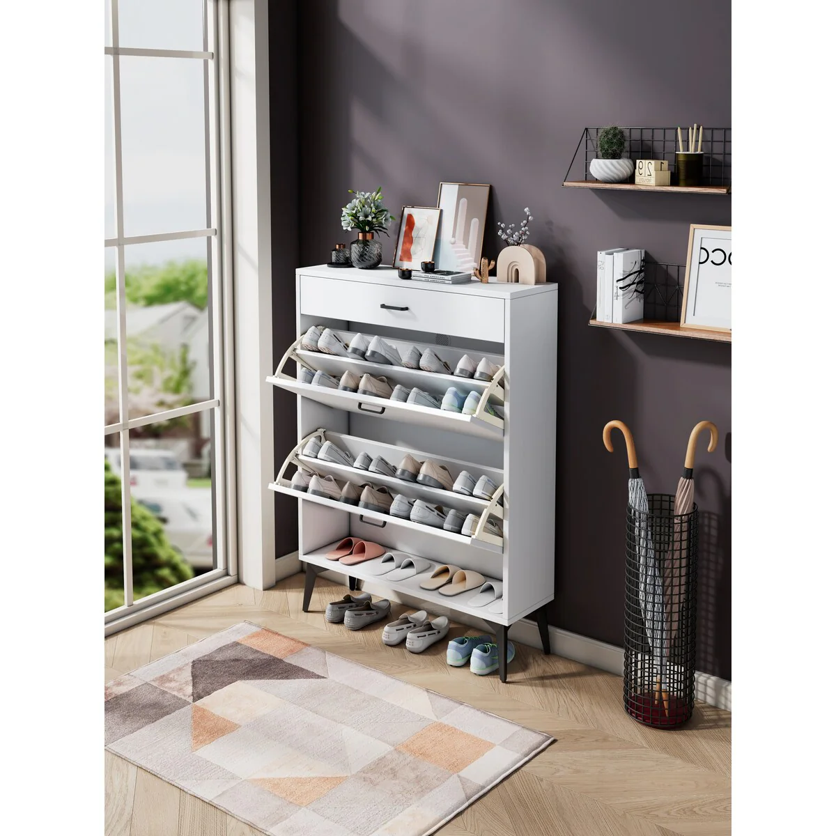 Contemporary Shoe Cabinet with 2-Flip Drawers, 2-Tier Shoe Storage Organizer with Drawers, Free Standing Shoe Rack for Entrance