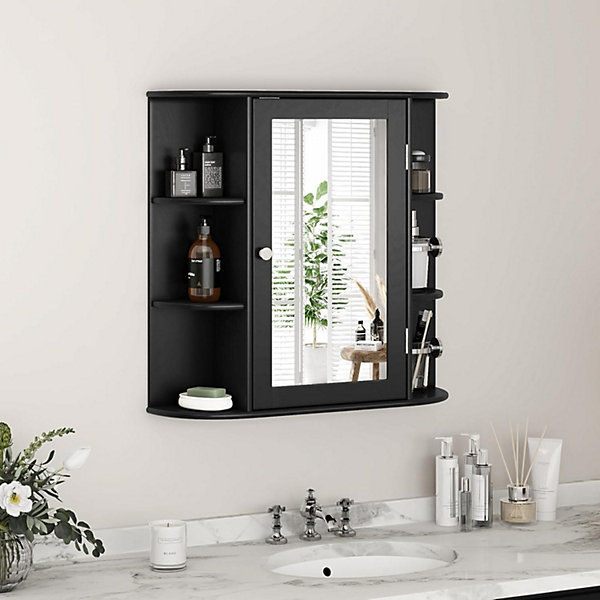 Armoire Murale pour Salle de Bain avec Miroir Plusieurs Tablettes de Différentes Tailles 65x17x63cm, Noir