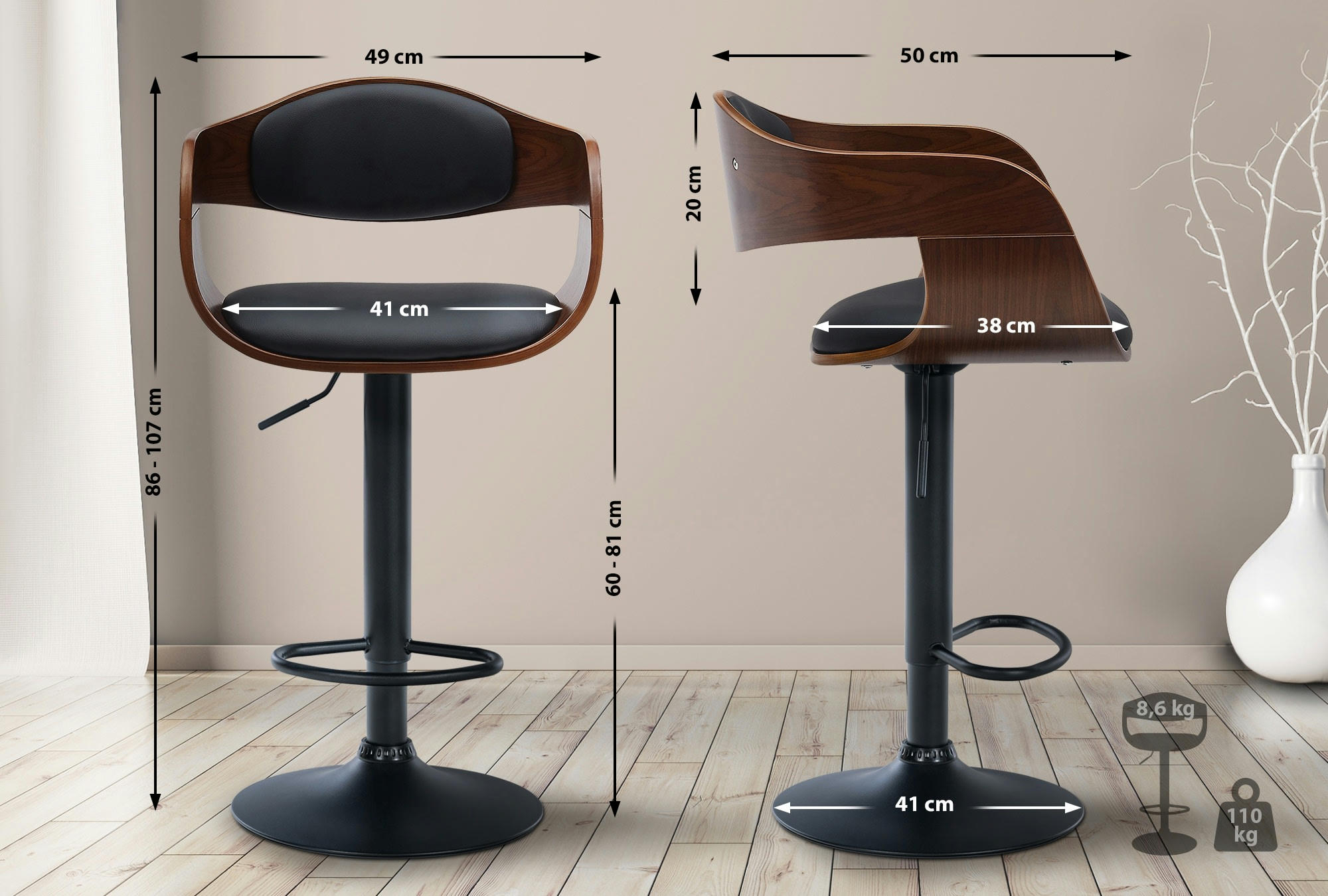 KINGSTON - Tabouret de bar ajustable pivotant similicuir Noyer / Noir