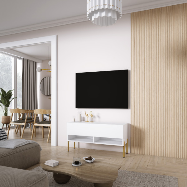 Szafka RTV Biały Mat, nogi proste złote, 100 x 32 x 52 cm