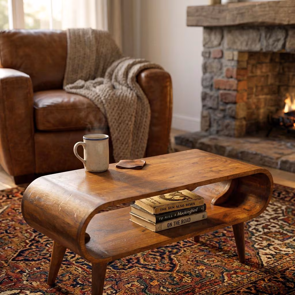Danish Modern Mango Wood Coffee Table, Curved Oval Low Table with Shelf, Narrow Scandi