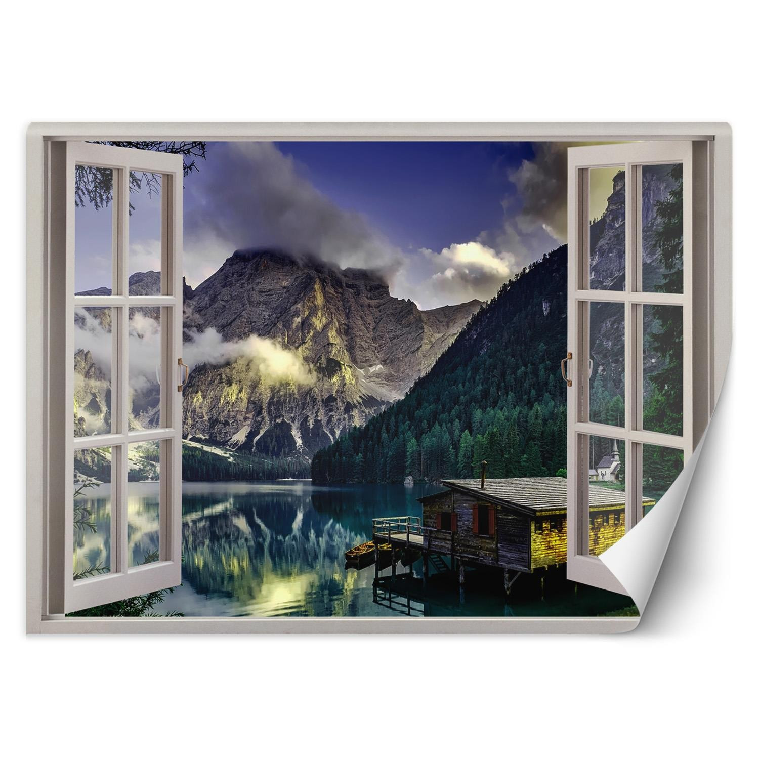 Feeby Fototapeta, Okno widok na jezioro domek w górach 140x100