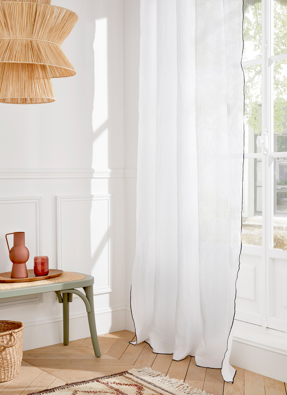 RIDEAU EN LIN LAVÉ BOURDON GRANDE HAUTEUR BLANC