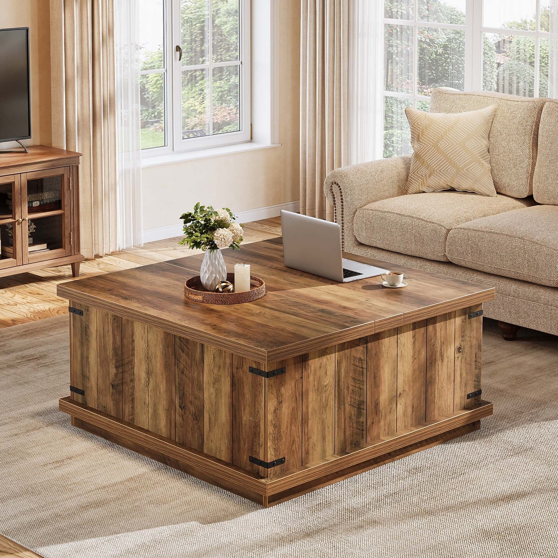 Farmhouse 33.46 Lift Top Square Coffee Table with Hidden Storage - 33.46D x 33.46W x 19.7H