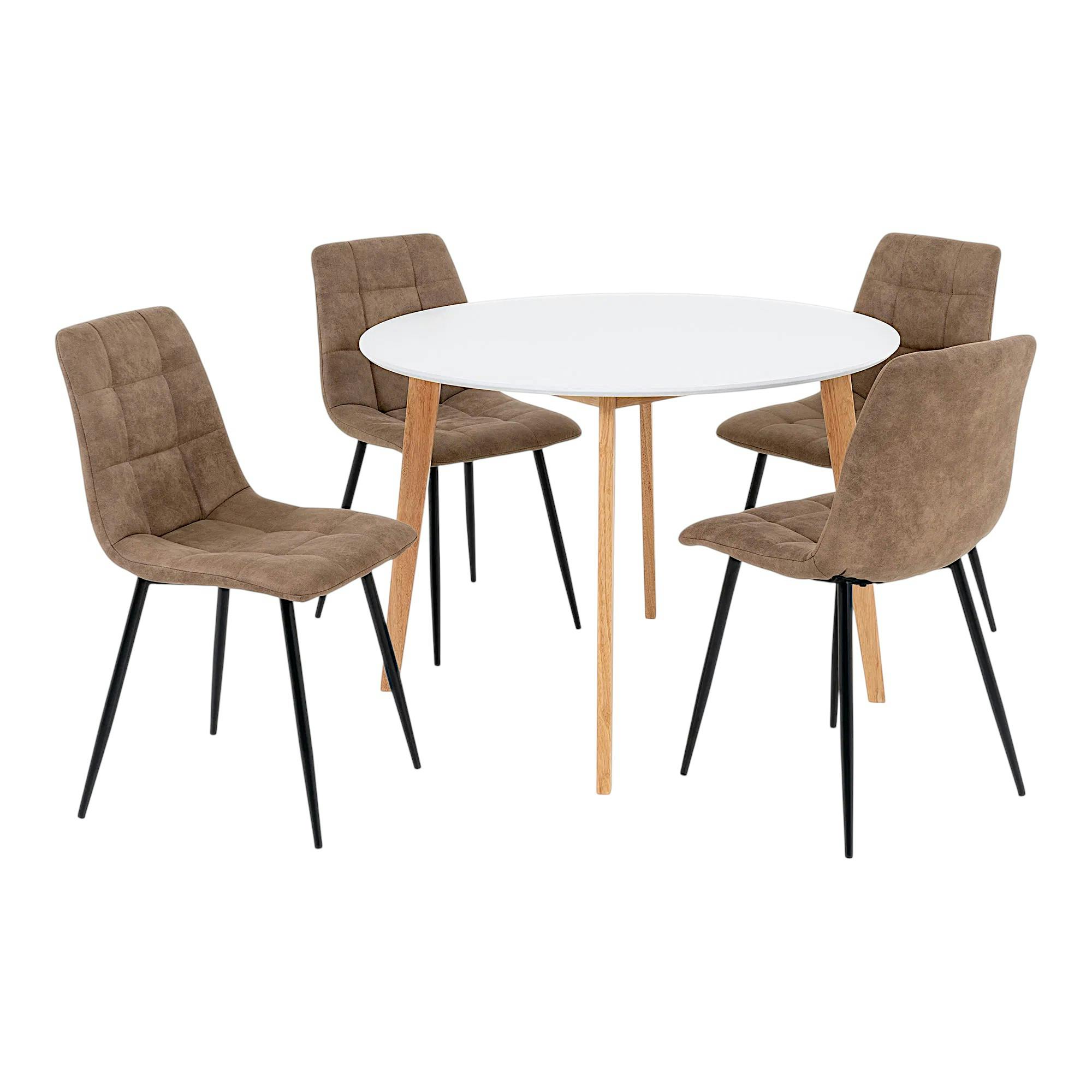 Ens. table ronde blanche   4 chaises microfibre marron OTTA